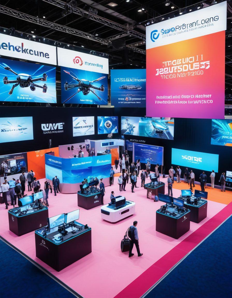 A bustling tech expo floor filled with futuristic booths, cutting-edge gadgets, and diverse professionals engaging in animated discussions. Highlight prominent banners of 2023 tech summits, with holographic displays and flying drones. Include an innovation zone showcasing VR headsets and robotic arms. super-realistic. vibrant colors. dynamic lighting.