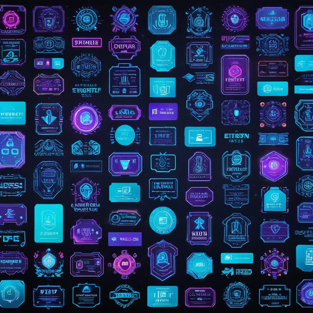 A dynamic collage featuring technology conference badges, tickets, and event passes from various futuristic tech meetups. Include elements like holographic displays, coding hackathons, and networking sessions with diverse crowds. Technology icons like AI, virtual reality, and robotics should be subtly integrated. glowing neon highlights. vibrant colors. super-realistic.