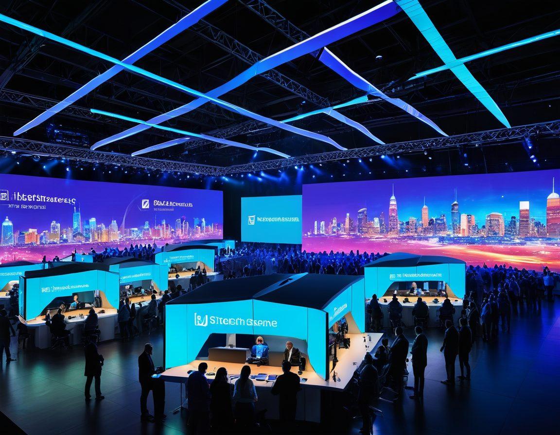 A bustling tech conference hall filled with diverse attendees networking, futuristic booths showcasing cutting-edge technology, large digital displays highlighting event schedules, and a prominent stage with a keynote speaker under vibrant lighting. A city skyline in the background signifies the global scale of these events. super-realistic. vibrant colors. high tech.
